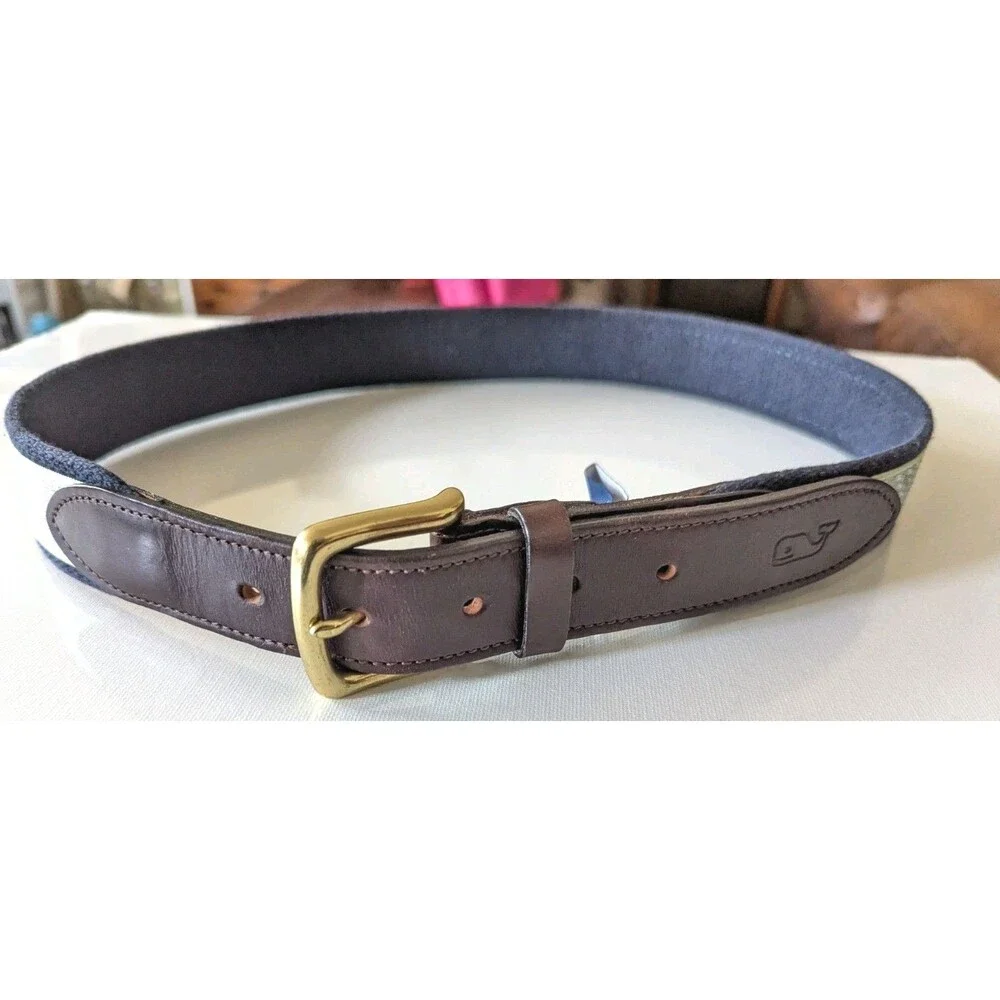 Vineyard Vines Men’s 32 Light Green Whale Print Blue Belt Brown Leather Brass